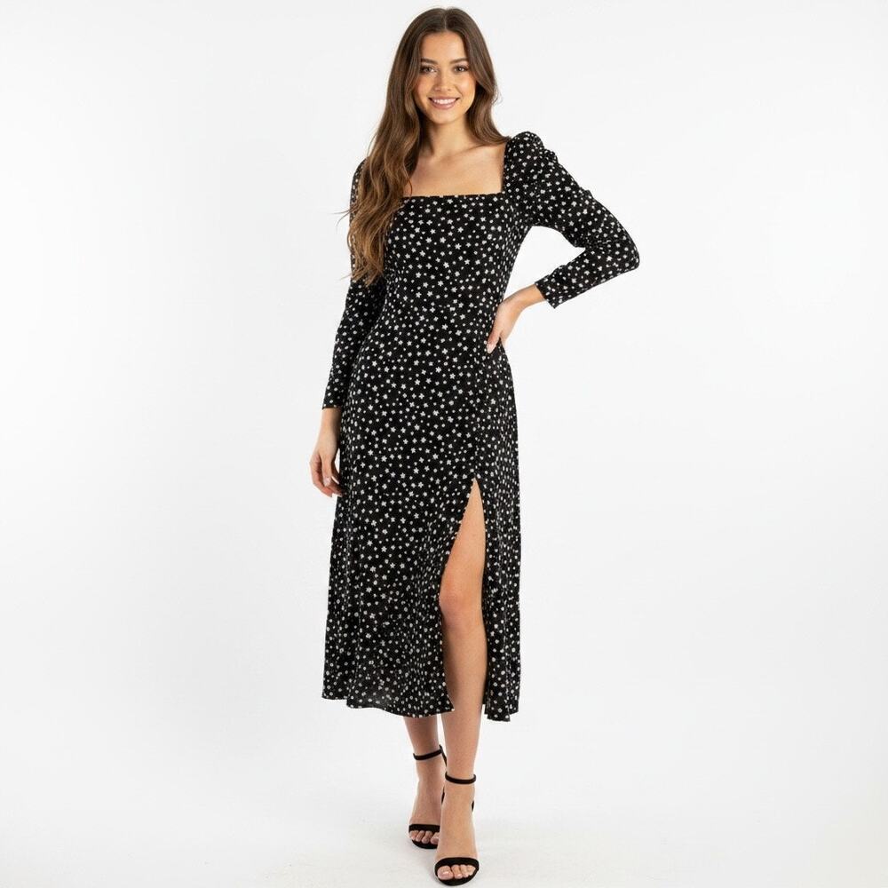Miss Selfridge Star Black Long Sleeve Midi Dress Y2K Celestial Cottage Smocked 6